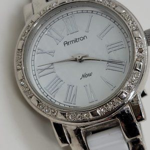 ARMITRON Now Cz Sparkle Chips Porcelain White Face and Combination Ceramic WATCH
